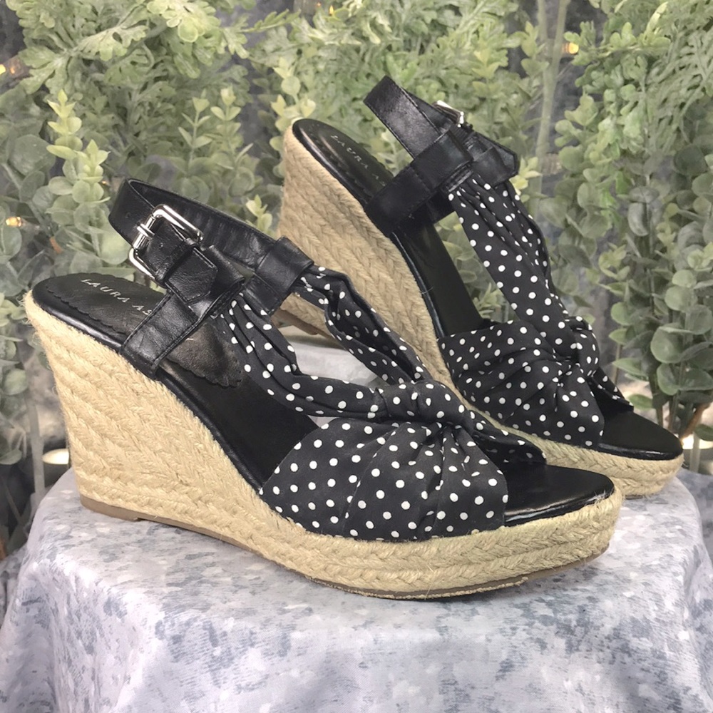 Laura Ashley Kilby Satin Fabric Polka Dot Espadrille Wedges WMS 10B☀️Like NEW☀️